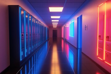 Aufkleber - A vibrant hallway with illuminated lockers and neon lights creating a modern atmosphere.