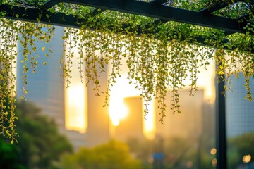 Poster - A serene sunset view framed by hanging greenery in an urban setting.