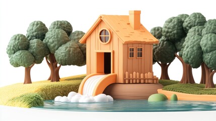 Poster - A whimsical house by a river, surrounded by trees and a grassy landscape.