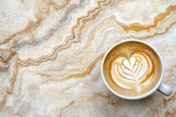 Poster - A cup of latte art resting on a marbled surface, showcasing intricate coffee design.