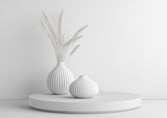 Aufkleber - Minimalist display featuring white vases with dried plants on a circular pedestal.
