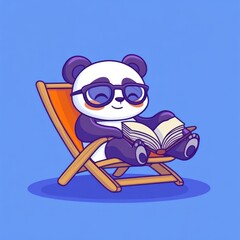 Aufkleber - A relaxed panda wearing glasses enjoys reading a book in a deck chair against a blue background.