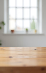 Poster - A wooden tabletop is in sharp focus, contrasting with a blurred white wall behind it through a large window._00002_
