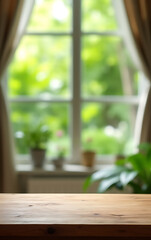 Poster - A wooden tabletop sits atop a blurred curtain backdrop with vibrant green foliage from the garden visible in the distance outside._00003_