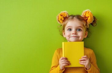 Aufkleber - A cheerful child holding a yellow book against a bright green background.
