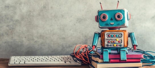 Poster - A colorful robot toy sits on books next to a keyboard, blending playfulness with technology.