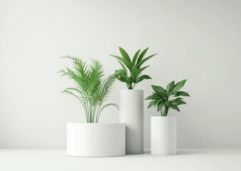 Poster - Three stylish potted plants arranged on a minimalist surface against a neutral background.