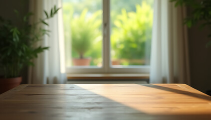 Poster - A wooden table sits empty in front of a blurry curtain, offering a glimpse into a lush garden outside through the window._00002_