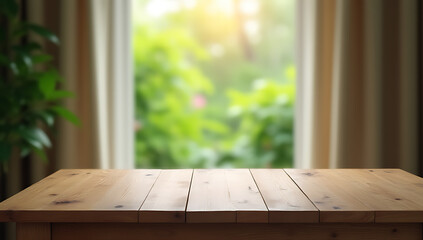 Aufkleber - A wooden table sits empty in front of a blurry curtain, offering a glimpse into a lush garden outside through the window._00001_