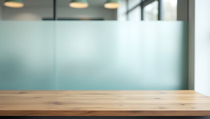 Aufkleber - A wooden table sits atop a frosted glass wall in an office setting, creating a modern and sleek backdrop._00003_
