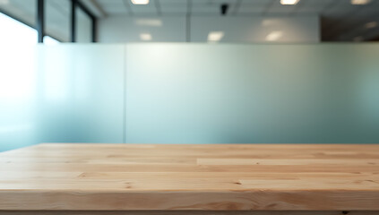 Aufkleber - A wooden table sits atop a frosted glass wall in an office setting, creating a modern and sleek backdrop._00001_