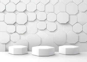 Aufkleber - Modern white octagonal wall with matching seating, creating a sleek, minimalist space.