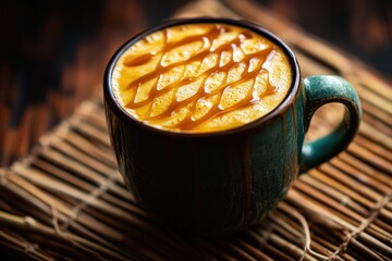 Poster - A close-up of a decorative mug filled with creamy beverage and drizzled with syrup.