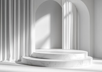 Poster - Minimalist stage with marble steps and draped curtains, designed for presentations or displays.