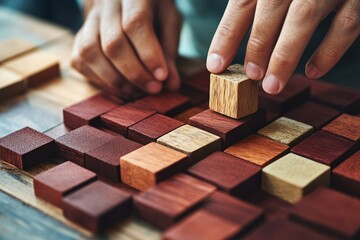 Poster - A person stacking wooden blocks in a creative arrangement on a tabletop.