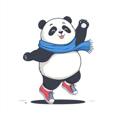 Poster - A cheerful panda wearing a blue scarf and red sneakers, joyfully waving.