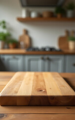 Poster - A wood table top with a chopping board has a blurred kitchen counter background in selective focus._00003_