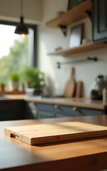 Aufkleber - A wood table top with a chopping board has a blurred kitchen counter background in selective focus._00002_