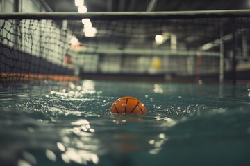 Wall Mural - An orange ball floats in a pool, with a net in the background, suggesting water polo or swimming.