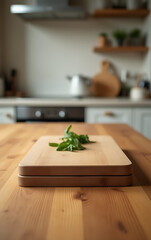 Poster - A wood table top with a chopping board has a blurred kitchen counter background in selective focus._00001_