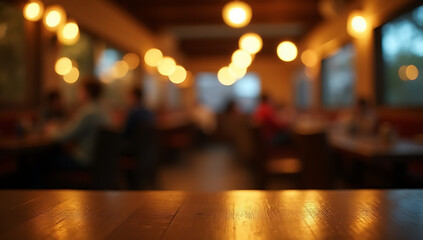 Poster - A wood table top with a blur light bokeh effect in a dimly lit night atmosphere of a busy restaurant or cafe setting._00003_