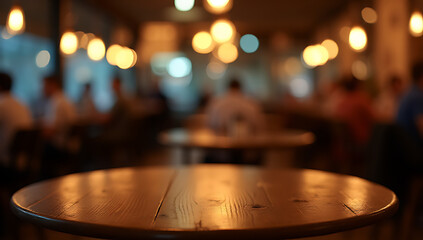Poster - A wood table top with a blur light bokeh effect in a dimly lit night atmosphere of a busy restaurant or cafe setting._00001_