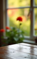 Aufkleber - A wood table top reflects a blurry window view with a vibrant garden flower background in the soft morning light._00003_