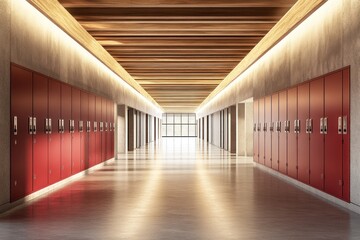Poster - A modern hallway featuring red lockers and natural light from large windows.