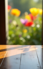 Aufkleber - A wood table top reflects a blurry window view with a vibrant garden flower background in the soft morning light._00002_