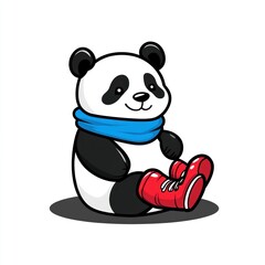 Aufkleber - A cute cartoon panda wearing a blue scarf and red sneakers, sitting playfully.