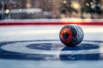 Aufkleber - A curling stone resting on an icy surface, surrounded by a circular target.