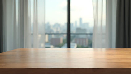 Poster - A wood table top is partially obscured by a blurred curtain with a cityscape visible through the window in the background._00003_