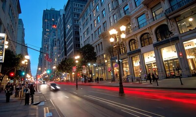 Canvas Print - A bustling city street at dusk with light trails from vehicles.