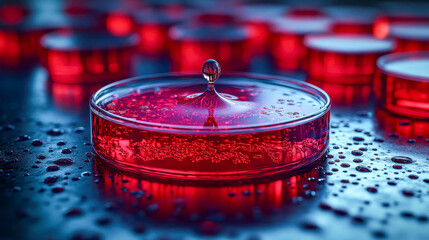 Poster - A single red droplet creating a ripple in a glass petri dish, set against a vibrant lab background, symbolizing research and scientific discovery