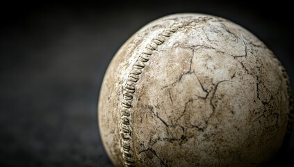 Poster - A close-up of a worn, cracked baseball resting on a textured surface.