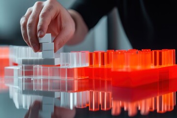 Aufkleber - A hand stacking clear and colored blocks on a reflective surface, showcasing creativity and play.