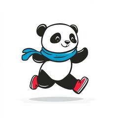 Poster - A cute cartoon panda in a blue scarf and red shoes, joyfully running.