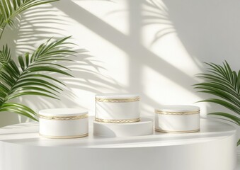 Poster - Elegant display of white containers with gold accents surrounded by lush green leaves.