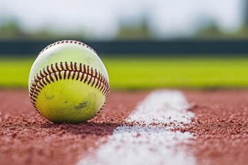 Poster - A close-up of a yellow softball resting on a dirt field with a white line.