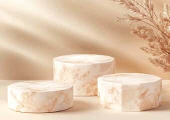 Poster - Three hexagonal marble-like platforms with soft lighting and decorative plant elements.