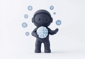 Poster - A playful astronaut figure holding a globe, surrounded by icons representing technology and communication.