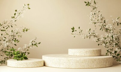 Poster - A serene display featuring circular platforms adorned with delicate flowers and greenery.