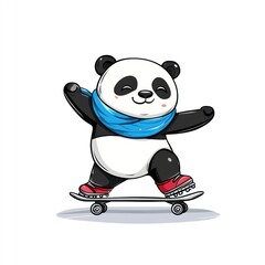Poster - A playful panda skateboarding, wearing a blue scarf and red shoes, showcasing fun and leisure.