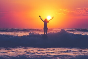 Poster - A silhouette of a person joyfully standing in ocean waves at sunset.