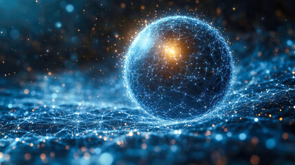 Poster - A glowing digital sphere with intricate web-like connections, illuminated in blue hues against a dark background