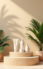 Aufkleber - A product display platform features a sandstone top and tropical design elements, including a palm leaf silhouette on a pastel beige wall._00003_