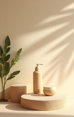 Aufkleber - A product display platform features a sandstone top and tropical design elements, including a palm leaf silhouette on a pastel beige wall._00001_