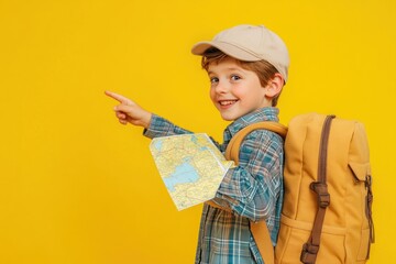 Aufkleber - A cheerful boy with a backpack and map, excitedly pointing while exploring.