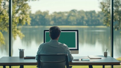 Aufkleber - A person working at a desk with a computer, overlooking a serene lake view.