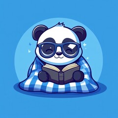 Aufkleber - A cute panda wearing glasses, wrapped in a blanket, reading a book.